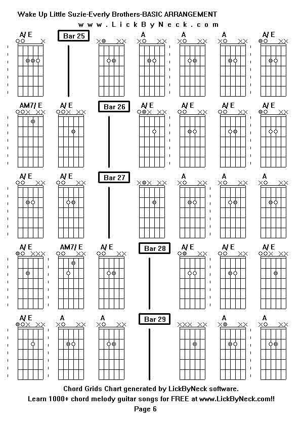 Chord Grids Chart of chord melody fingerstyle guitar song-Wake Up Little Suzie-Everly Brothers-BASIC ARRANGEMENT,generated by LickByNeck software.